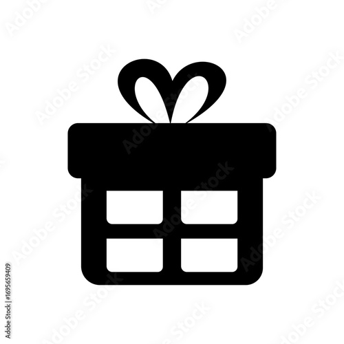 Minimalist black silhouette icon of a a gift box with a ribbon and fan-shaped bow. Vector graphic symbol for a present, surprise, celebration, or holiday
