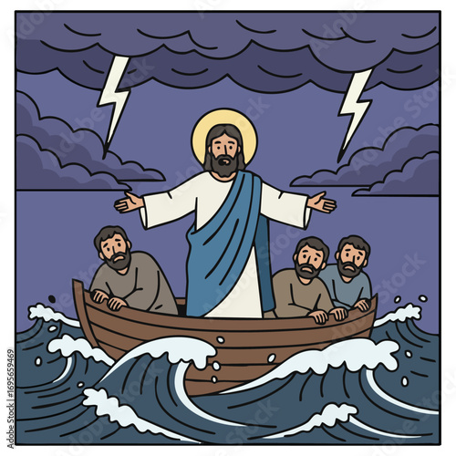 Jesus calming the storm on the Sea of Galilee, bible story