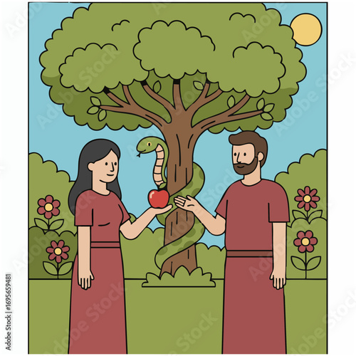 vector image of Eve tempts Adam with the apple in the garden of Eden, bible stort
