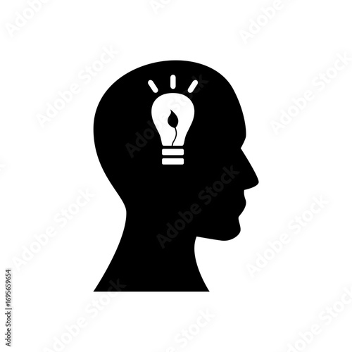 Icon of a human head silhouette with a lightbulb containing a flame, symbolizing a brilliant idea, brainstorming, and creative solutions