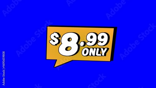 Wallpaper Mural Animated $8.99 price tag in orange speech bubble with bold comic-style text on green screen background. Perfect for ads, e-commerce, retail, discounts, and promo videos business concept video element Torontodigital.ca