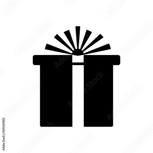A simple black silhouette of a gift box with a tied ribbon and bow, presented as a vector graphic icon. Ideal for festive designs, celebrations, and holiday themes