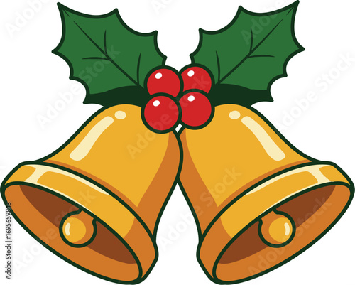 Golden Christmas Jingle Bells with Holly Leaves Cartoon Vector

