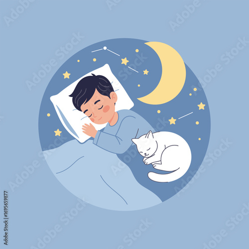 Peaceful Boy Sleeping Soundly with a White Cat Under Night Sky.