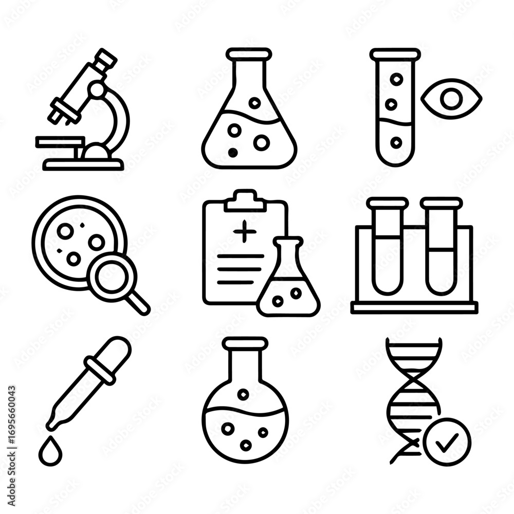 Scientific Laboratory Icons Depicting Research Analysis and Medical Experimentation. Scientific Laboratory Icons Depicting Research Analysis and Medical Experimentation.