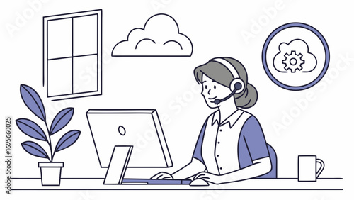 Illustration of a woman wearing a headset, working at a computer in a minimalist home office setting. Clean lines and a simple color palette create a professional atmosphere.