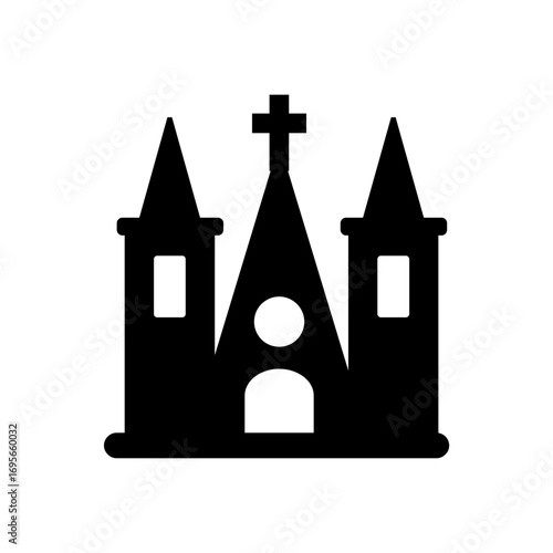 A simple black silhouette icon of a Christian church with a cross, a vector graphic design element for religious and spiritual themes