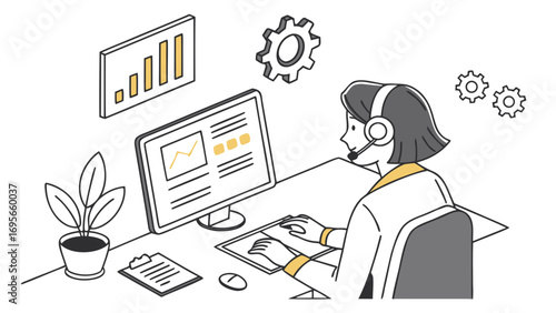 Isometric illustration of a woman wearing a headset, working at a computer showing data charts and graphs. Minimalist line art style with a yellow and gray color scheme.