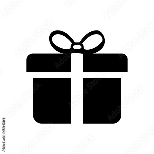 Simple black gift box icon with a ribbon bow on top. A minimalist vector graphic symbol for holidays, birthdays, and celebrations, isolated on a white background
