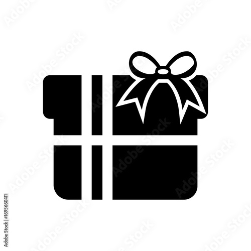 Black gift box icon with a bow and ribbon. A simple vector graphic symbol representing a present for a birthday or celebration