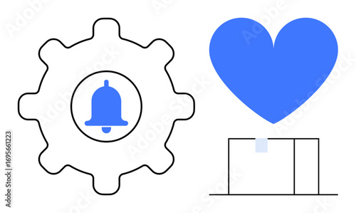 Gear with central notification bell alongside a large blue heart above a rectangular block. Ideal for technology, alerts, content preferences, user settings, automation, affection, simple landing