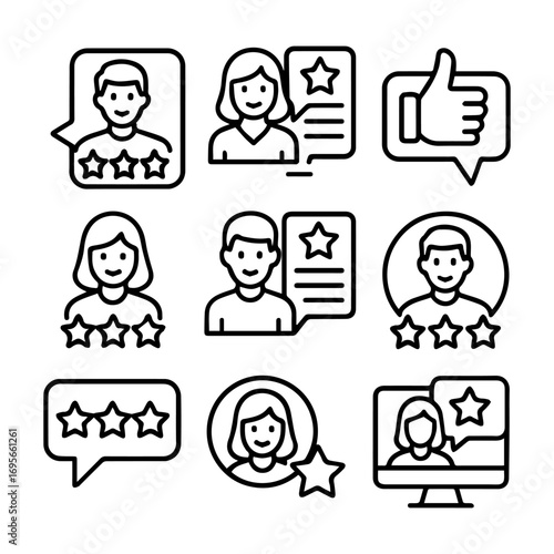 Various Customer Review Icons Depicting Positive Feedback and Ratings.
