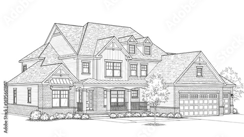 Architectural Drawing | Black and White Line Art House Exterior with Gabled Roof and Garage