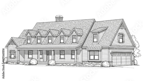 Architectural Drawing | Black and White Line Art House Exterior with Gabled Roof and Garage