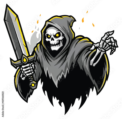 Sinister skeletal figure in a hooded cloak wielding a sword, reaching out with a bony hand.