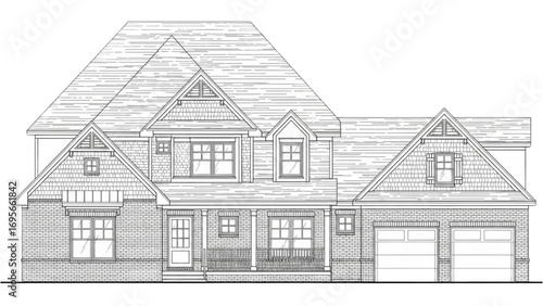 Architectural Drawing | Black and White Line Art House Exterior with Gabled Roof and Garage