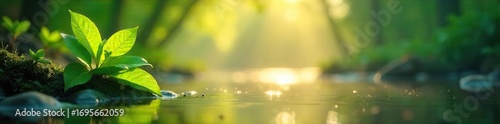 Serene nature scene depicting spiritual healing; sunlight filtering through leaves onto calm water, suggesting tranquility and inner peace , woods, growth
