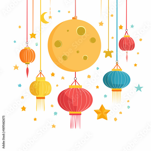 Chuseok holiday vector background with traditional hanging lanterns