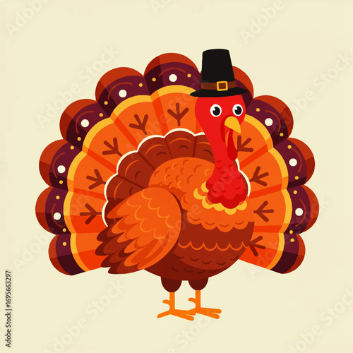 Cartoon turkey wearing a pilgrim hat, vibrant colors, Thanksgiving theme