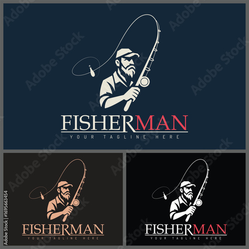 Fisherman with fishing hook reel logo set silhouette template design