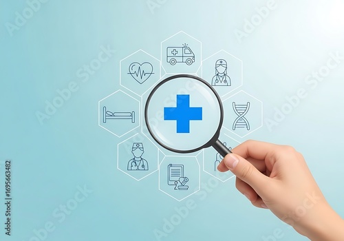 Hand Holding Magnifying Glass Over Blue Medical Cross and Healthcare Icons