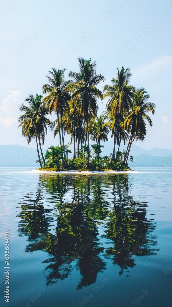 Fototapeta premium Tropical island oasis reflected in calm water