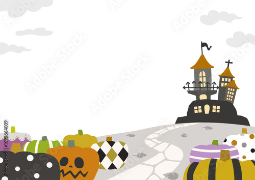カラフルなかぼちゃとおばけ屋敷と枯葉がかわいい絵本の表紙みたいなハロウィーンのフレーム