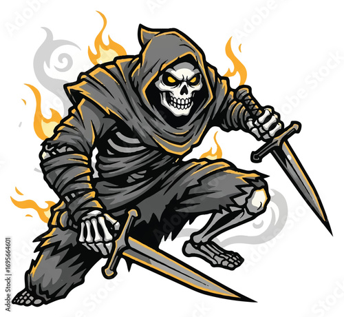 Aggressive skeletal grim reaper figure in a dark hooded cloak, wielding two daggers with flames and smoke effects.