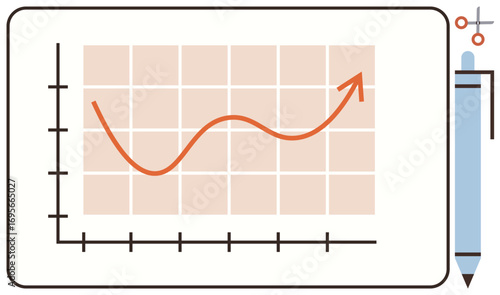 Grid chart with wavy arrow indicating an upward trend, complemented by a pen. Ideal for business growth, data analysis, statistics, financial forecasting, education, planning productivity. Simple