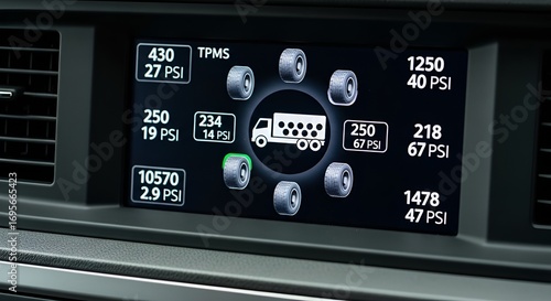 Truck dashboard displays real-time tire pressure monitoring system data for safety and efficiency