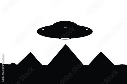 Silhouette illustration of a UFO flying over the pyramids, mysterious alien invasion and ancient Egypt concept design.