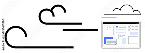 Cloud shapes and flowing lines connect to a digital interface with organized files and messages. Ideal for technology, cloud computing, file sharing, data transfer, communication, organization