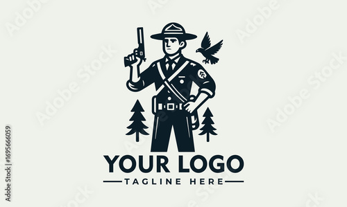 Graphic illustration of a forest ranger in uniform, holding binoculars, with pine trees in the background.