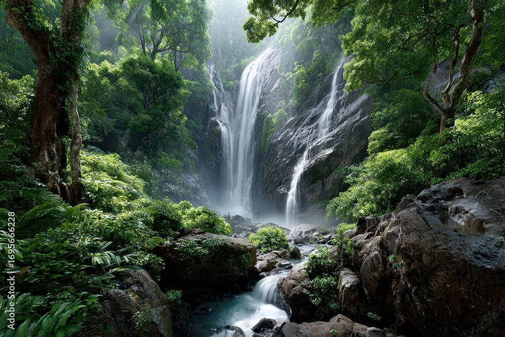 Fototapeta premium Majestic Waterfall Cascades Through Lush Green Jungle Forest