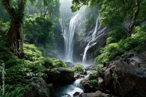 Majestic Waterfall Cascades Through Lush Green Jungle Forest