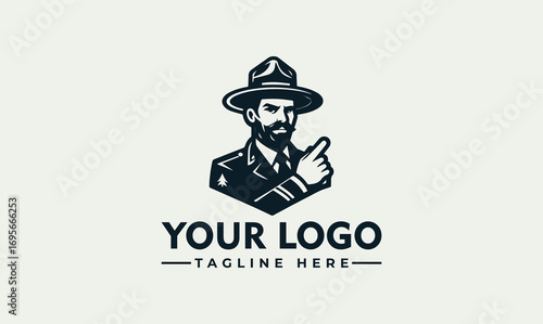 A vintage-style logo featuring a stern man in uniform pointing his index finger.