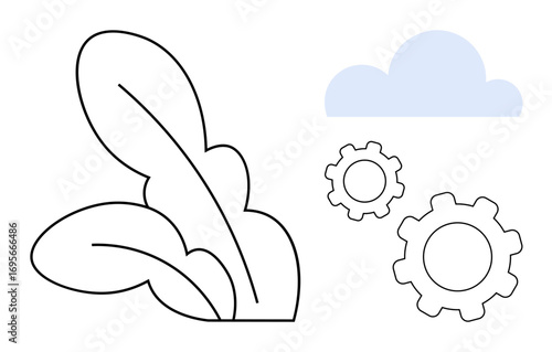 Abstract leaves, mechanical gears, and a cloud represent nature, technology, and ideas. Ideal for sustainability, ecology, innovation, teamwork growth environment and simple landing page