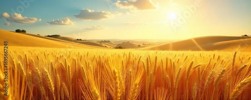 Golden wheat field shimmering under a summer sun, ripe for harvest Rolling hills create a picturesque landscape, perfect for idyllic backgrounds or agricultural themes , farm, farming, vista