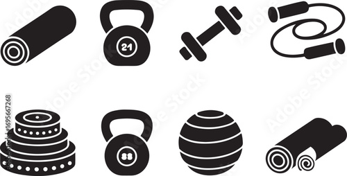 Fitness and Gym Icons Set Black and White Sport Training Exercise Workout Equipment