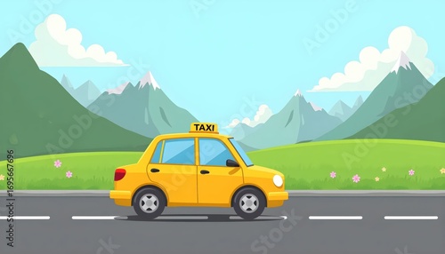 Cartoon Yellow Taxi Traveling Along Scenic Country Road Landscape