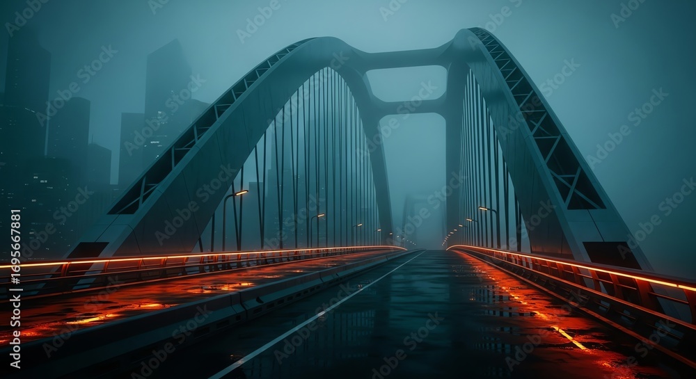 Fototapeta premium Empty Arch Bridge with Glowing Orange Rails Leading into a Foggy, Teal-Hued Cityscape