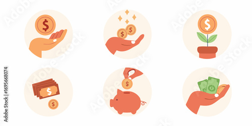 Collection of simple flat icons representing financial concepts like saving money and investment growth
