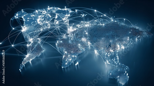 Abstract World Network Map Showing Global Connections and Communication in Blue Tones.