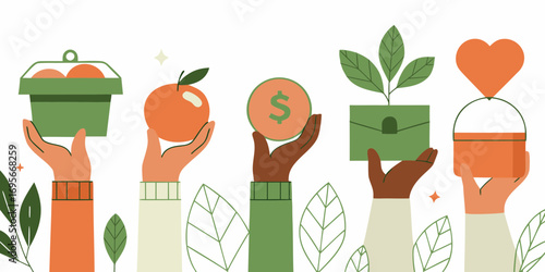 Diverse hands offer donations of food money a plant and a heart symbolizing charity and community support