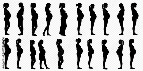 Collection of black silhouettes depicting pregnant women in various stages and poses, showcasing the progression of pregnancy.