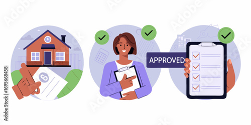 Illustration of the home buying process from application to approval with a happy agent and checklist