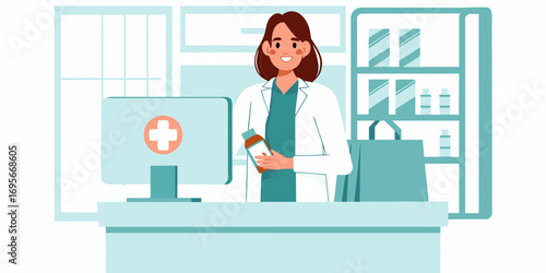 Friendly female pharmacist in white coat holding medicine bottle at pharmacy counter with computer and shelves