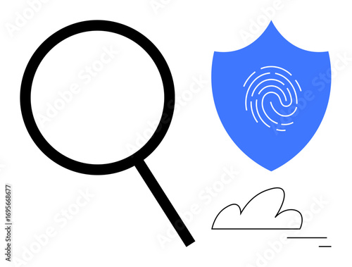 Magnifying glass, fingerprint shield, and abstract cloud. Ideal for data analysis, cybersecurity, digital identity, privacy, forensic investigation, online safety simple landing page