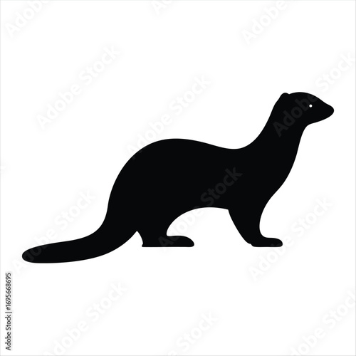 Silhouette of a curious looking ferret standing alert on a white background