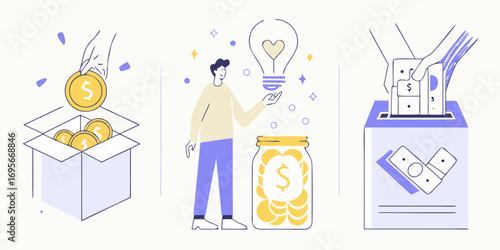 Illustration of financial concepts including saving money generating ideas and donating funds
